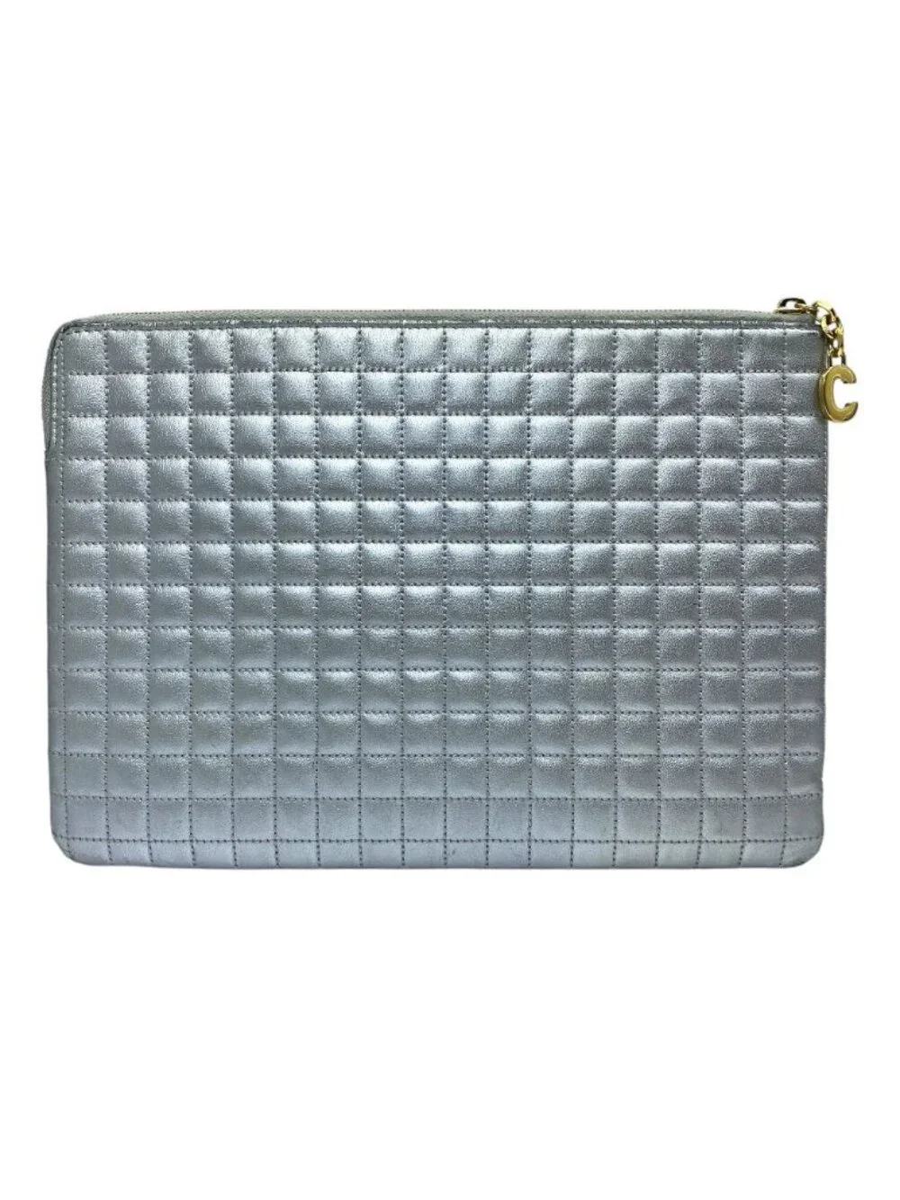 Celine C Charm Clutch Pouch Quilted Leather Silver Lightweight Capacity